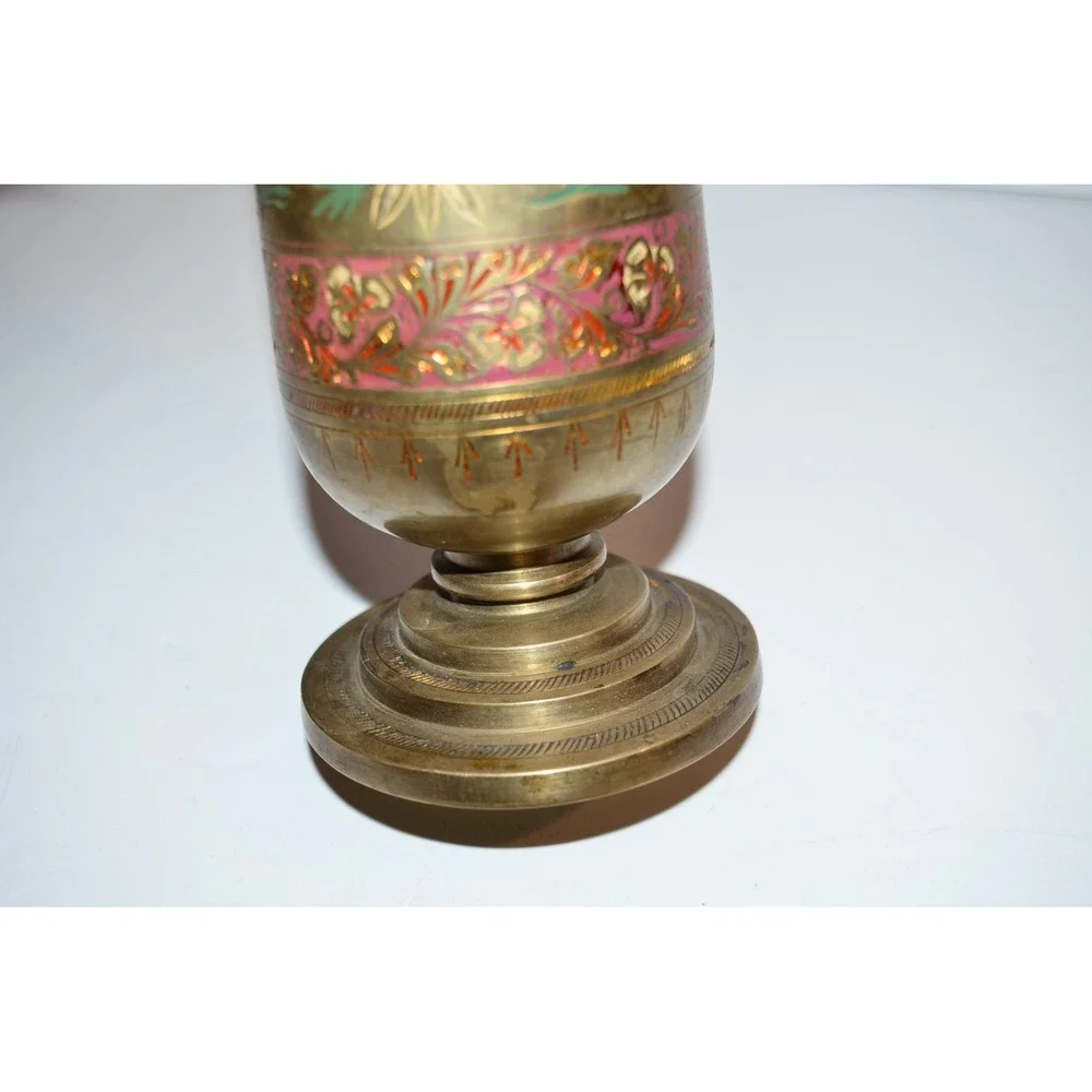 Vtg Brass Colorful Etched Vase Red & Green Footed Made India